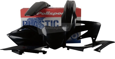 Polisport Plastics black plastic body kit for bikes, shown assembled with detailed panels and mounting points.