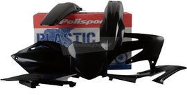 Polisport Plastics black plastic body kit for bikes, shown assembled with detailed panels and mounting points.