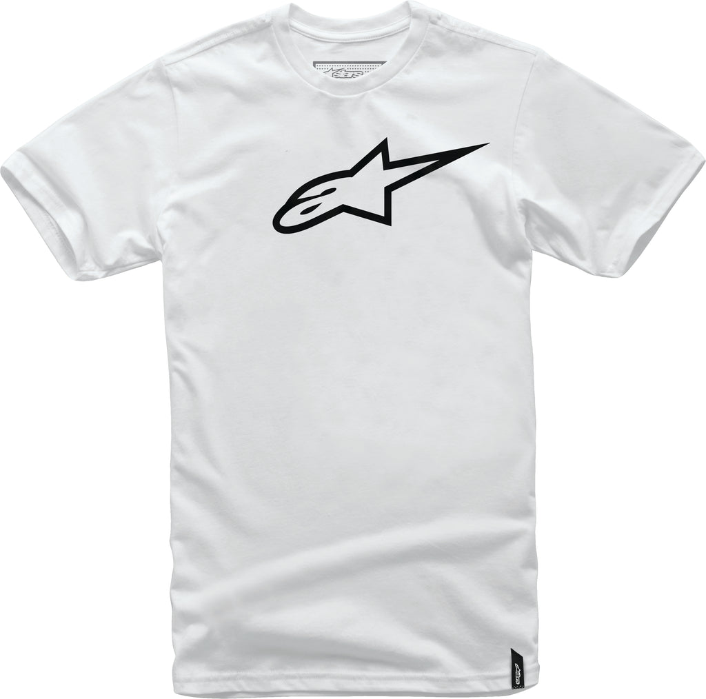 Alpine Star Ageless Tee in white and black, showing the front view of the casual unisex T-shirt with logo details.