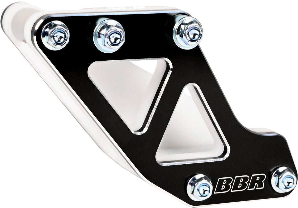 BBR Crf110 drive chain guide, black, designed for motorcycle chain protection and stability, shown mounted on the bike.