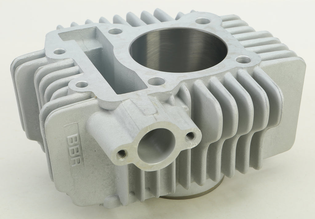 BBR 143cc big bore engine cylinder for motorcycle, showcasing the metal cylinder with precision-machined surfaces and cooling fins.