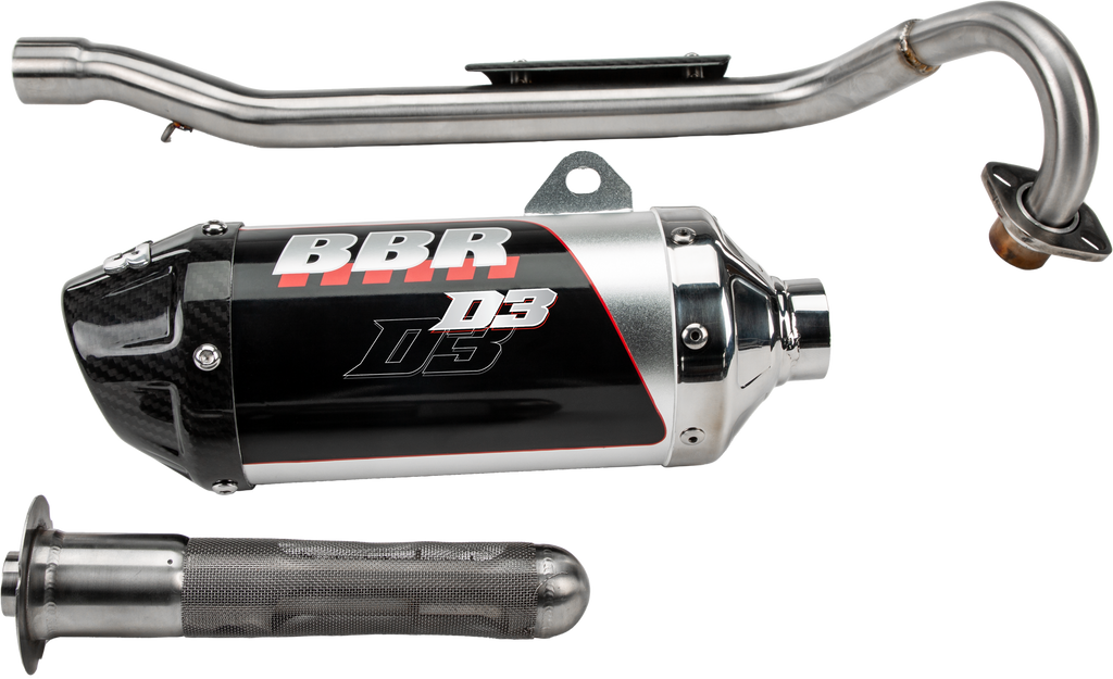 bbr D3 Exhaust System Hon 80-3102, chrome exhaust with polished metal finish, showcasing its pipes and muffler design.