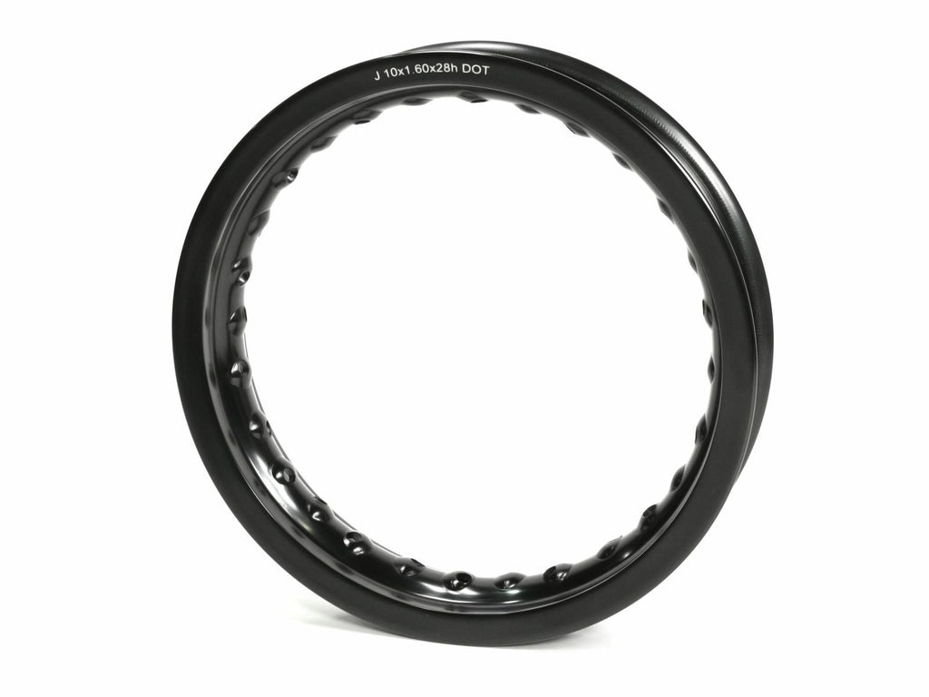 Black bbr aluminum 10-inch rim with 1.60-inch width and 28-hub for bicycles, featuring a sleek design.