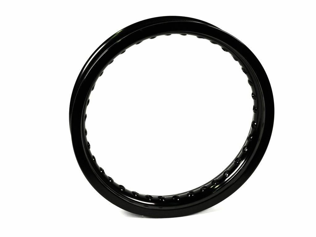 Black aluminum bbr 12-inch rim with 1.60-inch width and 28-hole pattern, designed for bicycle wheels.