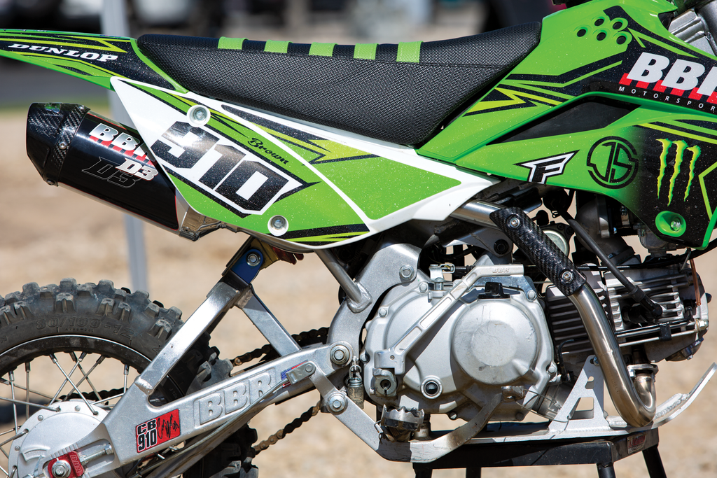 BBR tall seat assembly for Kawasaki KLX110 in black and green, featuring a durable seat design for off-road riding.