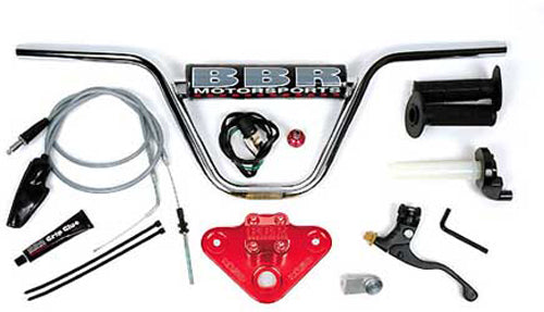 BBR red H-Bar and triple clamp kit for motorcycles, featuring sturdy construction and vibrant red finish.