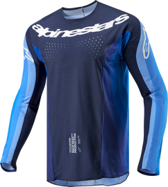 Alpine Star Techstar Pneuma Jersey in dark navy and light blue, featuring breathable fabric and sporty design.