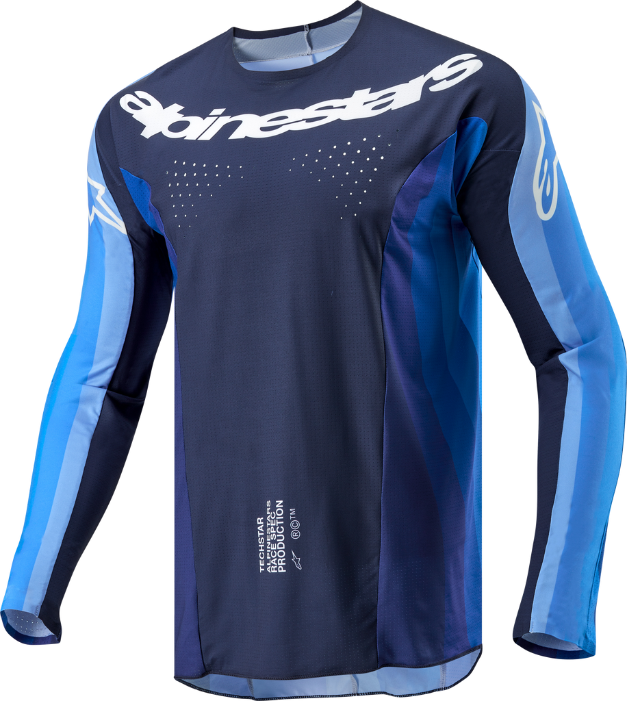 Alpine Star Techstar Pneuma Jersey in dark navy and light blue, short-sleeve cycling jersey with breathable fabric and athletic fit.