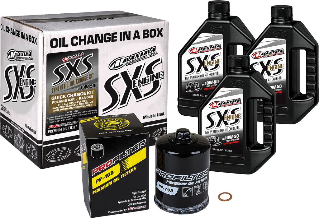 Maxima Sxs Oil Quick Change Kit 10w50 with black oil filter for easy motorcycle oil changes, includes high-quality filter and oil.