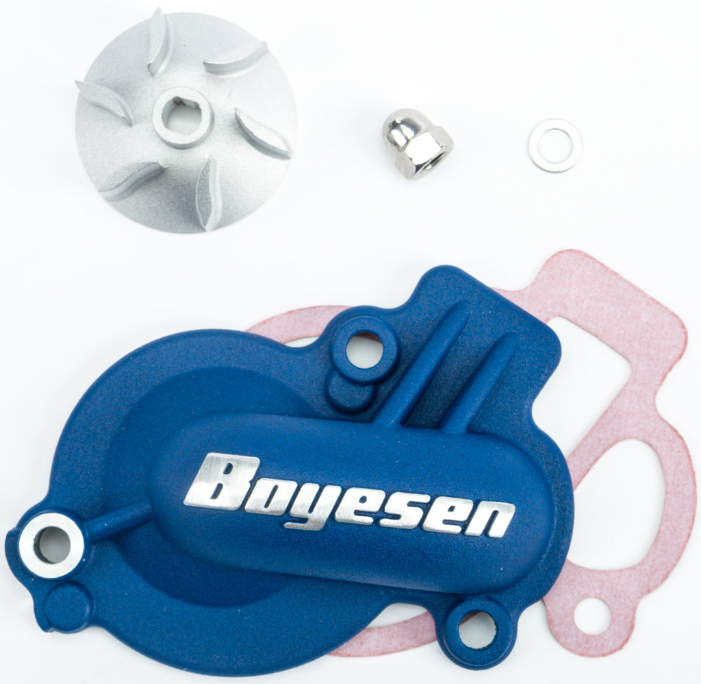 Boyesen water pump cover and impeller kit in blue for KTM, Husqvarna, and gas-powered bikes, featuring durable motorcycle parts.