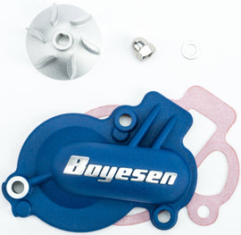 Boyesen water pump cover and impeller kit in blue for KTM, Husqvarna, and gas-powered bikes, featuring durable motorcycle parts.