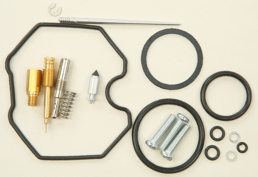 All Balls carburetor repair kit for intake and fuel system, includes various gaskets, seals, and small components in a plastic bag.