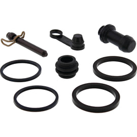 All Balls rear brake caliper rebuild kit 41300159a with brake components for Honda motorcycle, including pistons and seals.