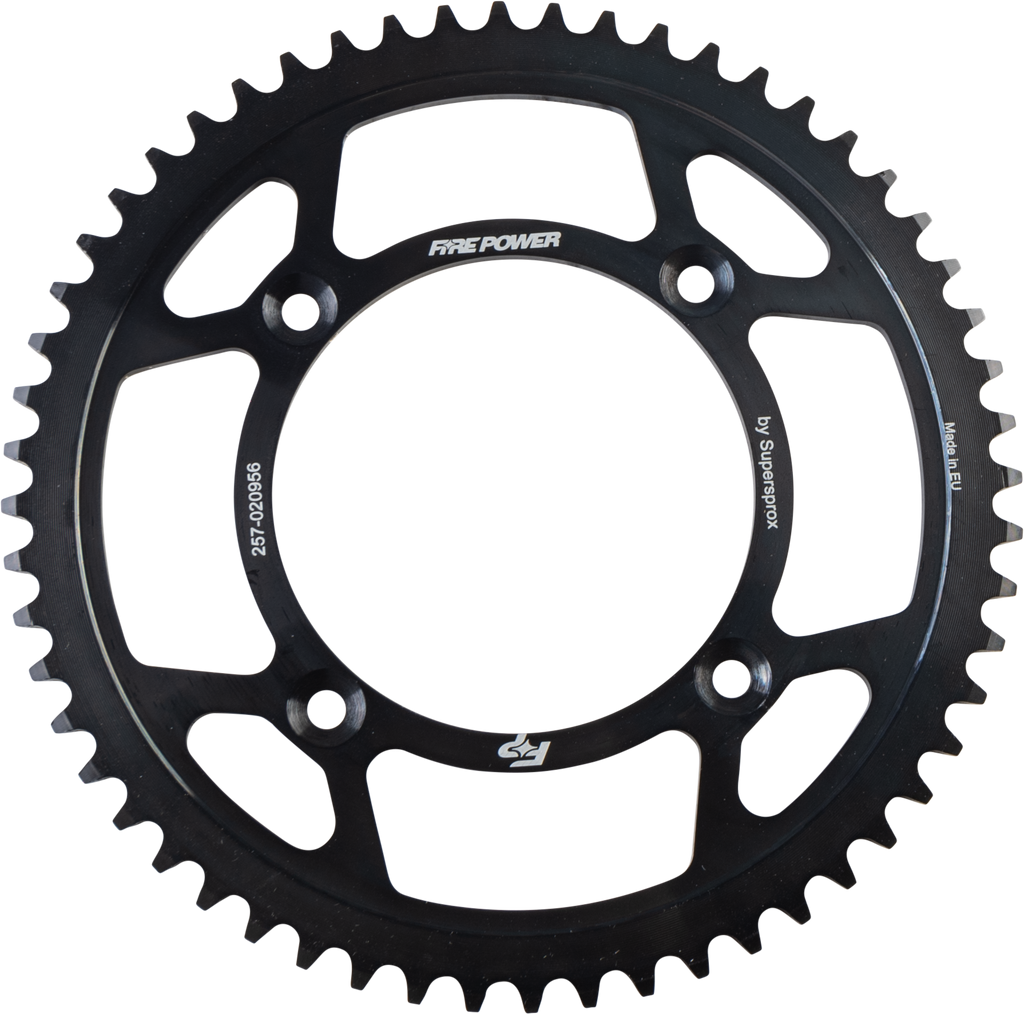 Steel rear sprocket, 56-tooth, black Fire Power Fire Power bike component, shown with sprocket teeth and mounting hole details.