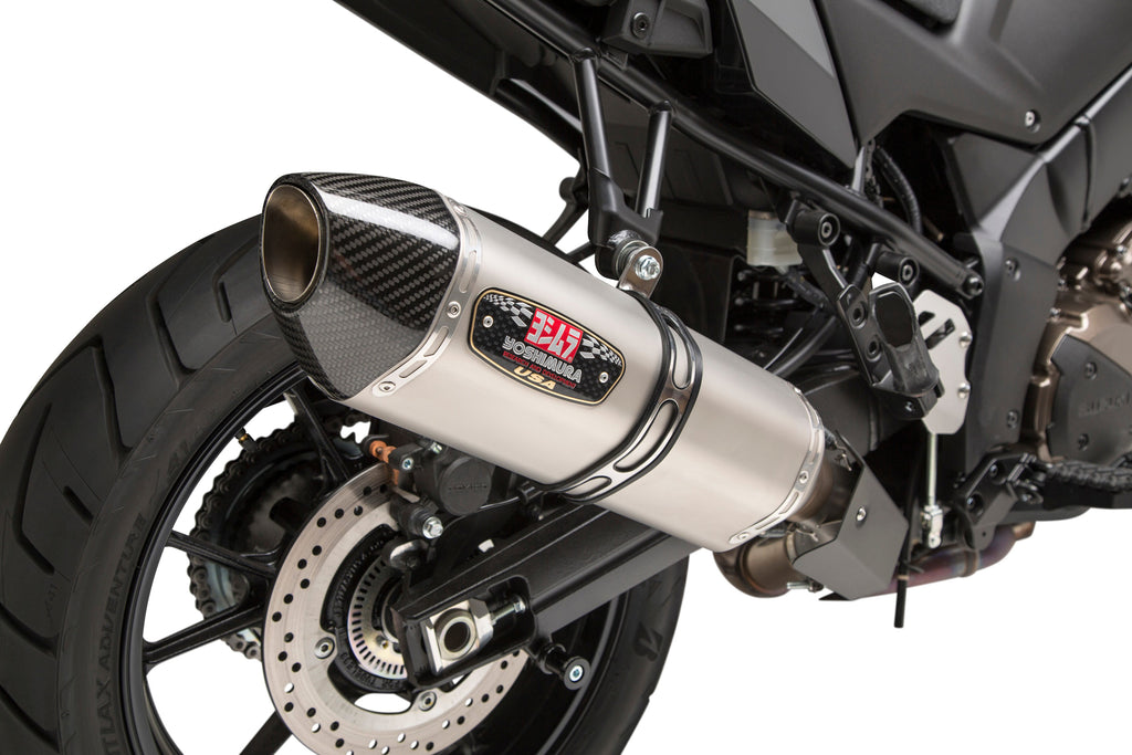 Yoshimura Street R77 slip-on exhaust with stainless steel and carbon fiber finish for Suzuki motorcycles, shown on a bike.