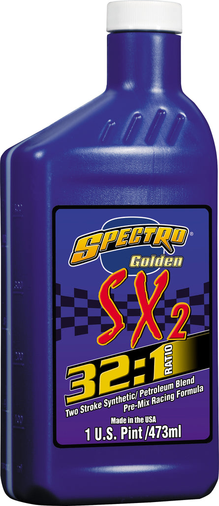 Spectro Platinum Sx2 full synthetic 2-stroke oil in a 1 pint container, showing the chemical bottle with label and cap.