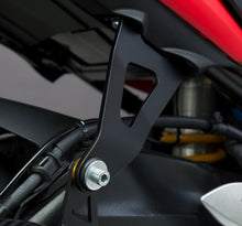Load image into Gallery viewer, Yoshimura muffler bracket for GSXS1000F motorcycle, shown in black with mounting hardware attached.