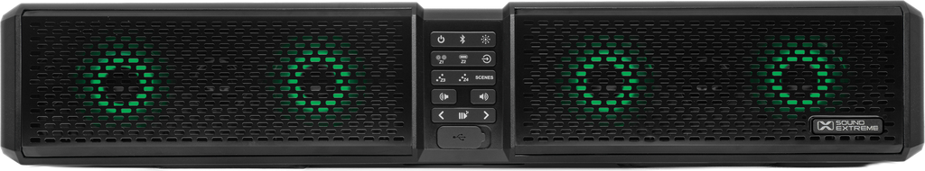 EcoXGear Pulse 28-inch soundbar with sleek black design, featuring multiple speaker drivers and audio controls.