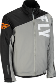 Fly Racing Aurora Jacket in grey, black, and orange featuring a lightweight, weather-resistant design with reflective accents.
