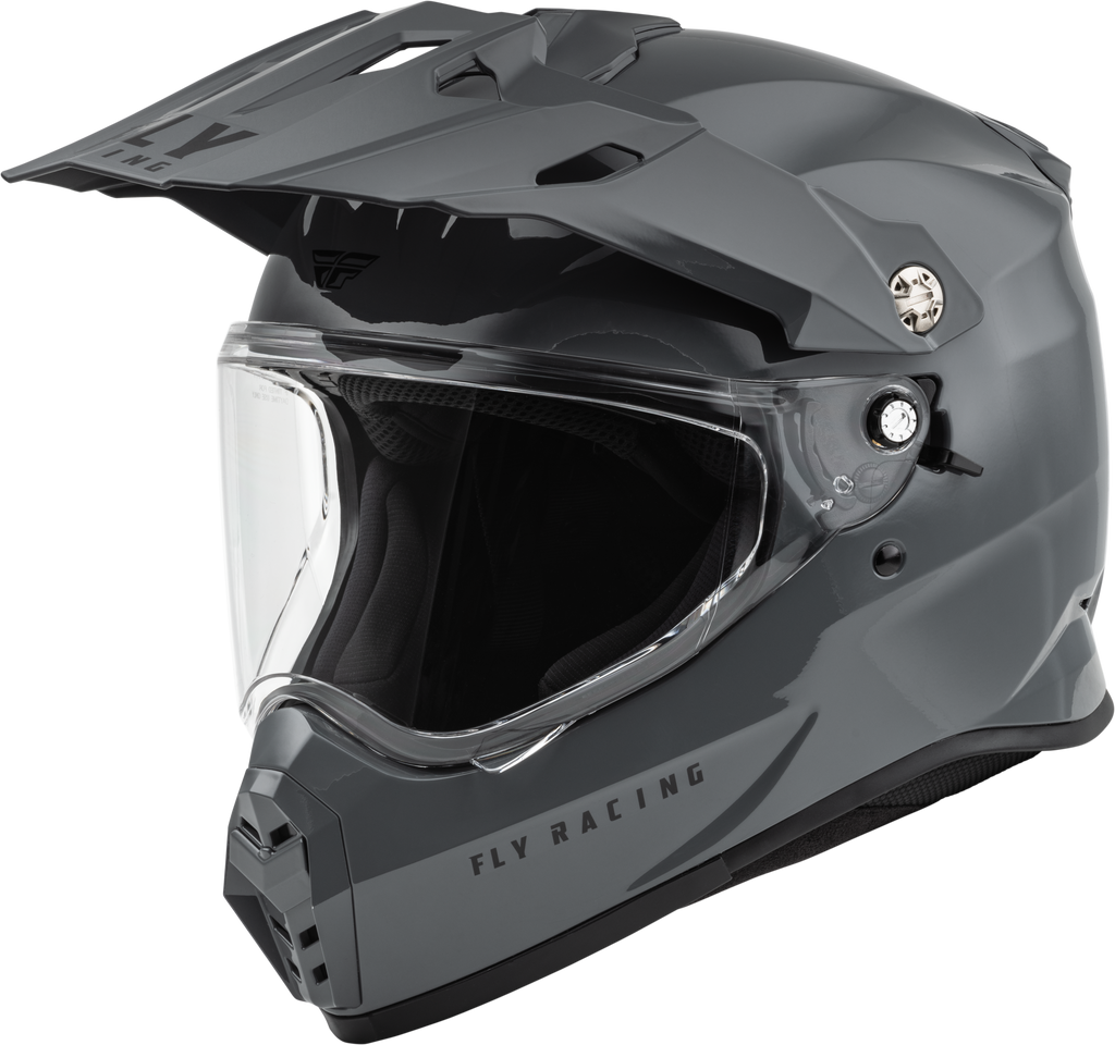 Grey Fly Racing Trekker Solid Helmet with adjustable straps and ventilation for motorcycle riding, size medium.