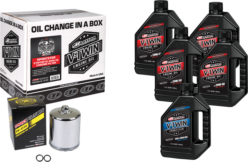 Maxima V-Twin Syn Oil Change Kit XL with chrome filter, tools for motorcycle oil maintenance, includes oil filter and tools.