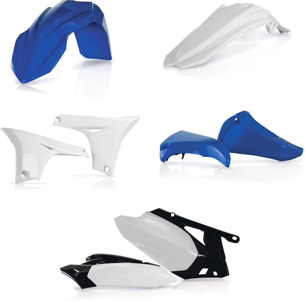 Blue Acerbis plastic kit for motorcycles, includes various durable plastic parts, designed for easy replacement and customization.