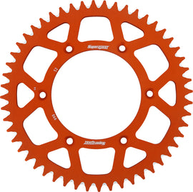 Supersprox aluminum rear sprocket with 52-tooth for Husqvarna and KTM motorcycles, showcasing the sprocket's shape and teeth.