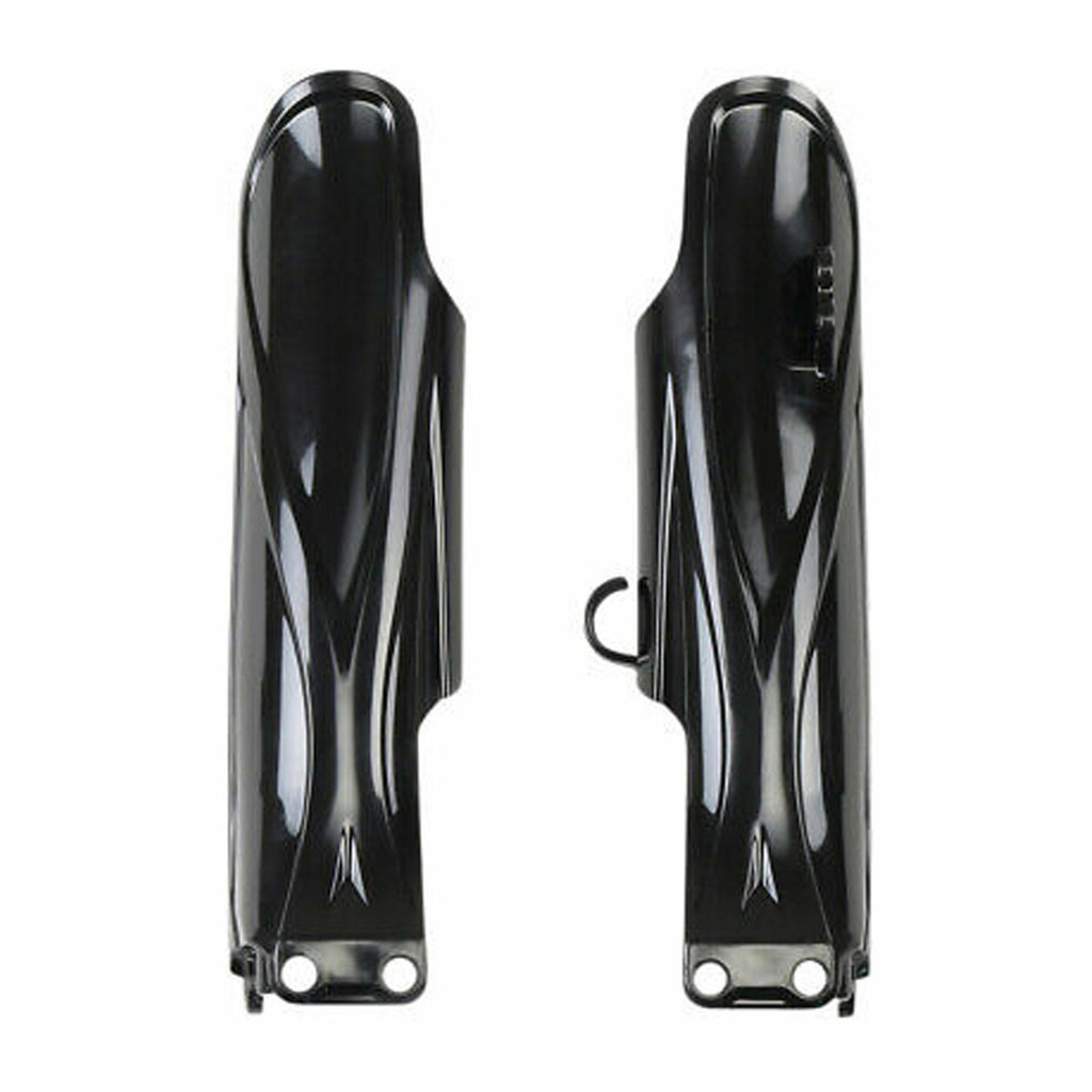 Polisport Plastics black fork guards for Yamaha off-road bikes, showing durable plastic construction on a motorcycle suspension.