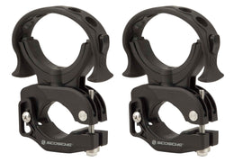 Pair of large black Scosche HD bottle mounts, designed for secure attachment and easy access to bottles in outdoor or bike setups.
