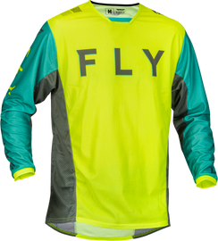 Fly Racing Kinetic Mesh Kore Jersey in hi-vis teal and grey, showing breathable fabric and vibrant color details.