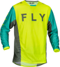 Fly Racing Kinetic Mesh Kore Jersey in hi-vis teal and grey, showing breathable fabric and vibrant color details.