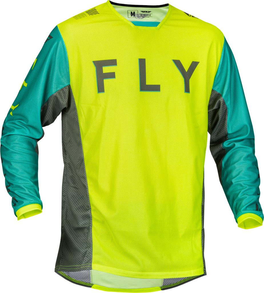 Fly Racing Kinetic Mesh Kore Jersey in Hi-Vis teal and grey, featuring breathable mesh fabric and bold color accents.