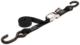 Powertye black 1-inch x 144-inch tie-down cam S-hook for securing cargo, shown in close-up with metal hook and strap.