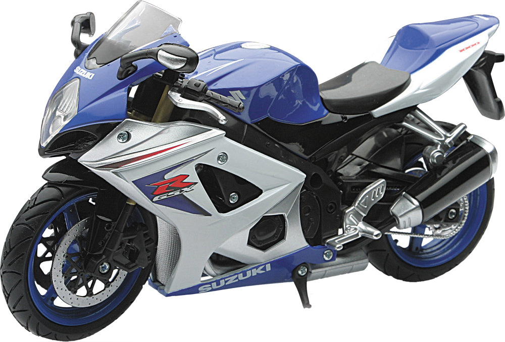 New Ray Toys 1:12 scale Suzuki GSX-R1000 blue super sport bike replica, detailed motorcycle accessory for collectors.