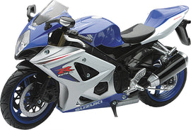 New Ray Toys 1:12 scale Suzuki GSX-R1000 blue super sport bike replica, detailed motorcycle accessory for collectors.
