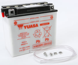 Yuasa Yb18-A conventional automotive battery with positive and negative terminals, black casing, and label details.