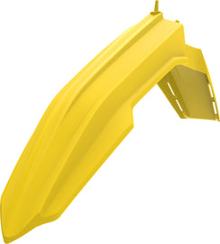 Polisport Plastics yellow restyle front fender for motorcycles, showing the sleek plastic design and mounting points.
