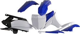 Polisport Plastics blue and white plastic body kit for motocross or dirt bikes, featuring durable panels and sleek design.