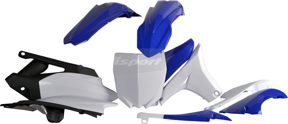 Polisport Plastics blue and white plastic body kit for motorcycles, featuring durable, lightweight panels and a sleek design.