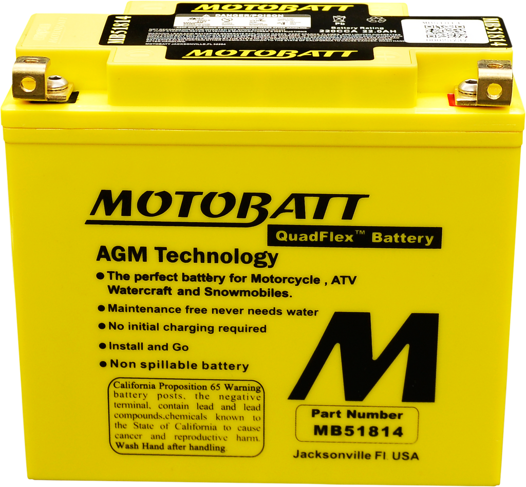 Motobatt MB51814 sealed factory-activated motorcycle battery, with terminals visible and battery case in black