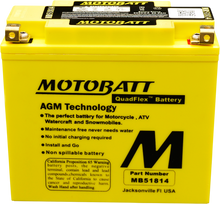 Load image into Gallery viewer, Motobatt MB51814 sealed factory-activated motorcycle battery, with terminals visible and battery case in black