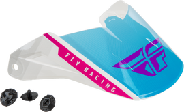 Fly Racing Kinetic Drift helmet visor in pink, white, and blue with mounting hardware for motocross or dirt bike helmets.