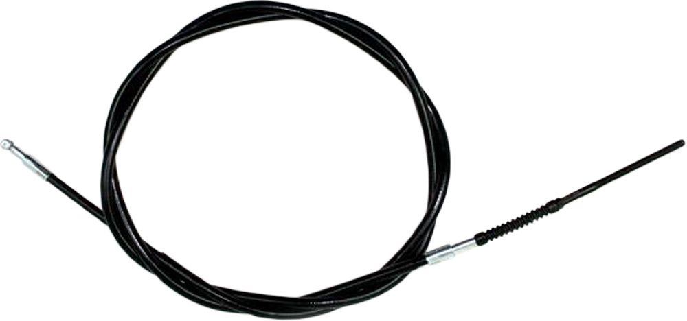 Motion Pro black vinyl rear hand brake cable for motorcycle, showing the flexible cable with metal fittings and protective outer sheath.