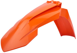 Orange Polisport Plastics front fender for motorcycles, featuring the 64-5508 model, with a durable plastic construction and sleek design.