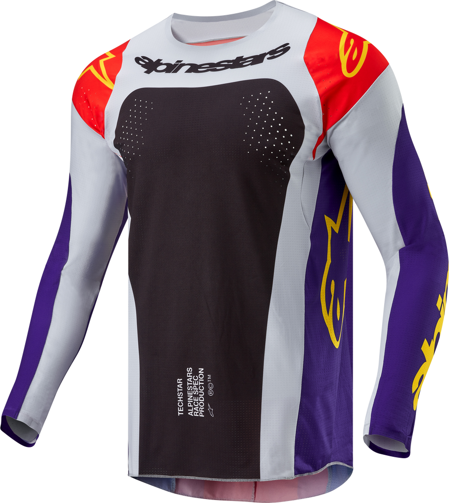 Alpine Star Techstar Ocuri motorcycle jersey in hot orange, purple, and black, XL size with bold color blocking and branding.