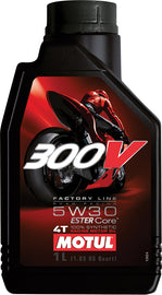 Motul 300V Competition 4T 5W30 synthetic motor oil bottle, 1 liter, part of a 12-pack, with detailed label and branding visible.