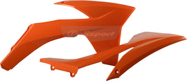 Orange Polisport Plastics radiator shroud body for motocross bikes, part number 64-04554, visible with mounting points and vents.