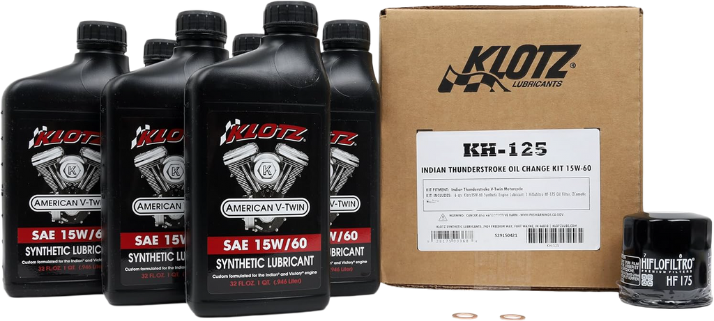 Klotz Oil Indian Thunderstroke 6-quart synthetic oil change kit with oil bottles and tools for motorcycle maintenance.