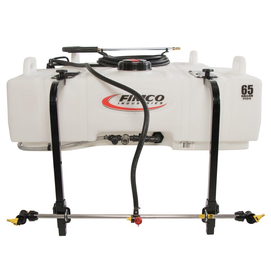 Fimco Co boomless UTV sprayer with 3 nozzles, 65-gallon capacity, 4.5 GPM flow rate, designed for farm and agricultural use