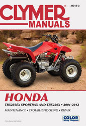 Clymer Hon TRX250EX repair manual cover showing detailed diagrams and instructions for motorcycle maintenance and repair.